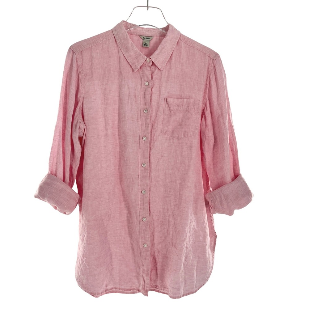 LL Bean Women Pink Linen Long Sleeve Button Up Shirt L Preppy Coastal Effortless